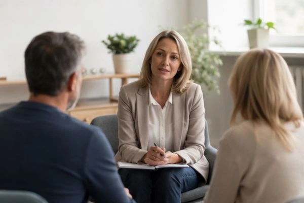 Couple discussing financial arrangement , pensions in divorce Bury